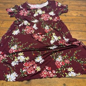 DB Moon Womens 2XL Burgundy Floral Empire Waist Short Sleeve Babydoll Dress